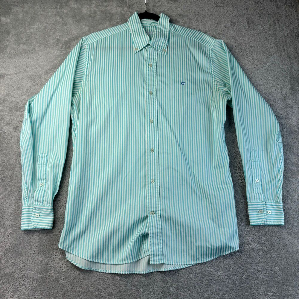 Southern Tide Shirt Men's Medium Teal White Pinstriped Long Sleeve Button Down